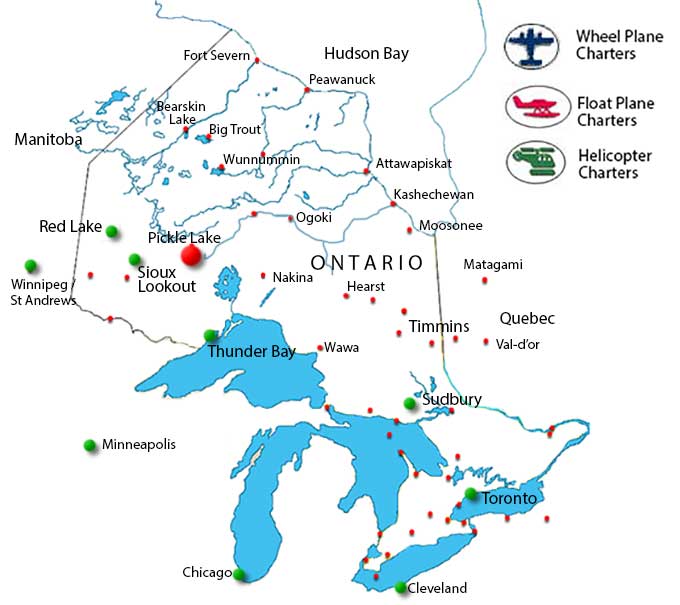 Pickle Lake charter flights map